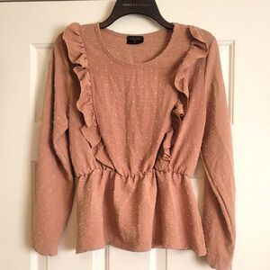 Gemstone Women's Swiss Dot Ruffle Peplum Blouse Mauve Pink Long Sleeve Size M